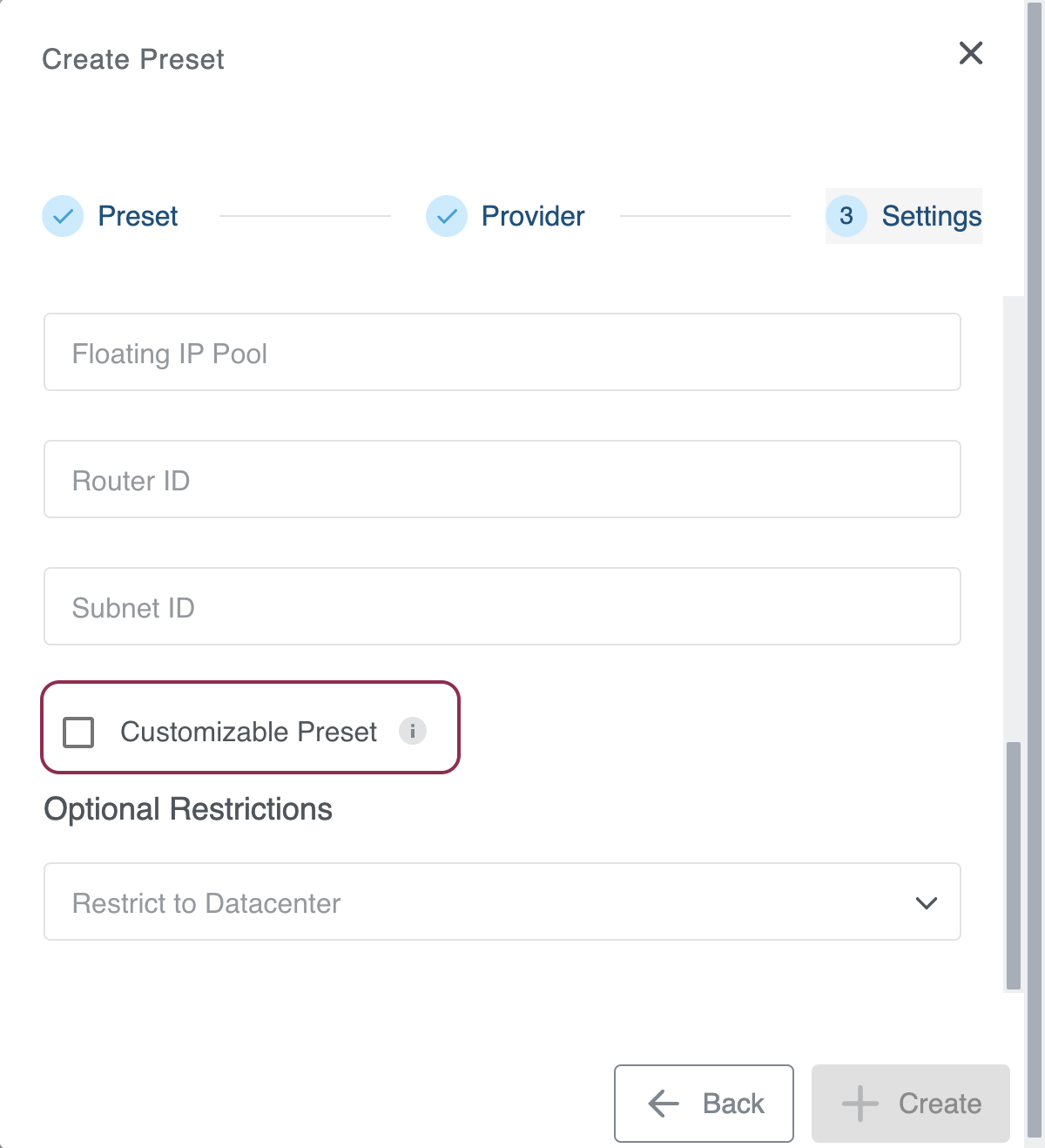 Creating a customizable preset
